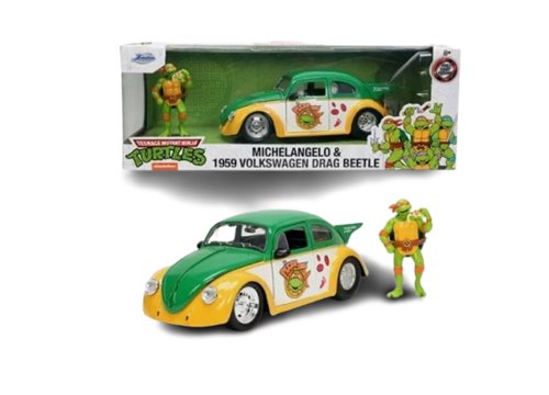 Jada Toys – Teenage Mutant Ninja Turtles Hollywood Rides – 1959 Volkswagen Drag Beetle mit Michelangelo-Figur (1/24) (Druckguss)